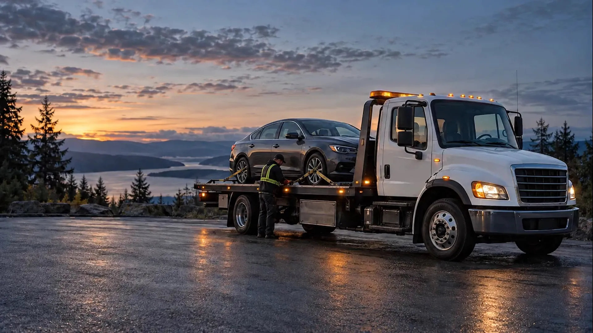 A tow operator checking a secured car on a flatbed at dawn